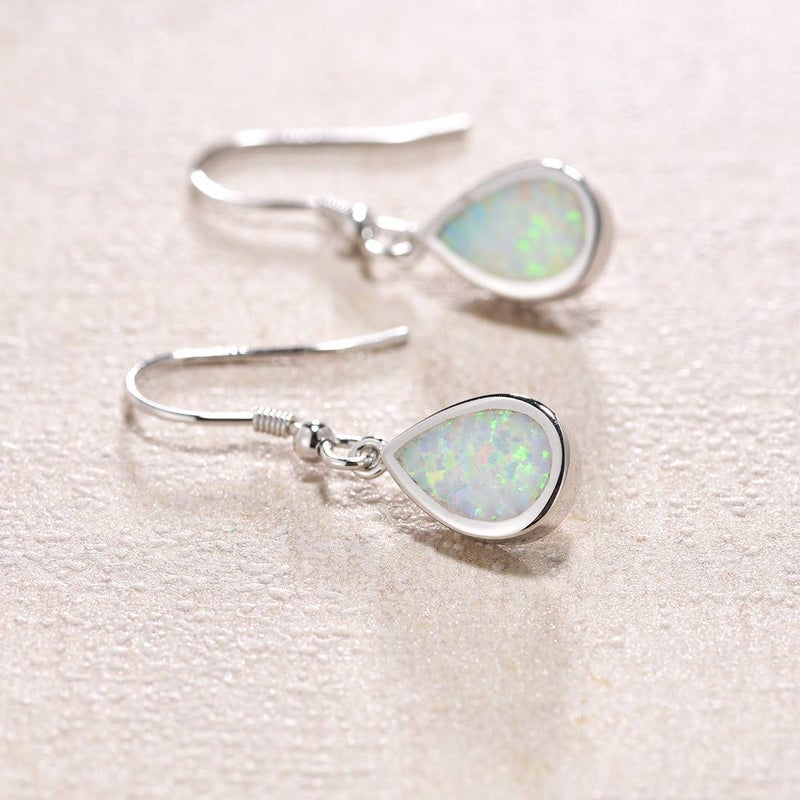 Fancime October Birthstone Earrings FANCIME Sterling Silver White Opal Teardrop Dangle Earrings Dainty Pear Shaped Hook Earrings Opal Jewelry for Women - Image 3